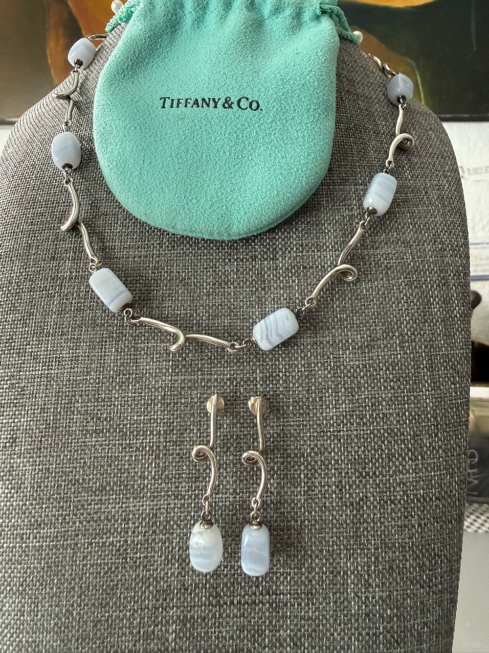 Tiffany blue lace agate chalcedony necklace 16” silver 925 authentic w/bag - Picture 3 of 11